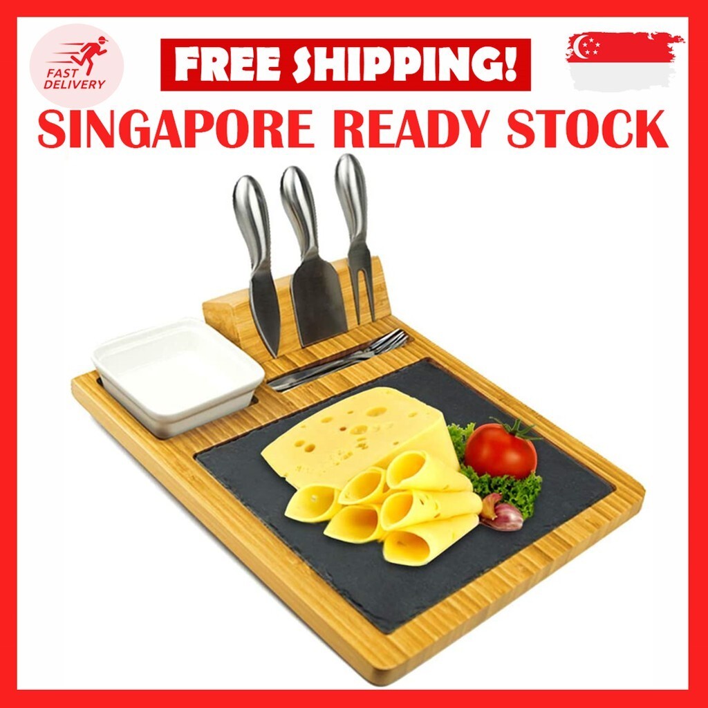 BAMBOO SLATE CHEESE BOARD และตัดชุด SLATE CHARCUTERIE BOARD และแผงพลาสติก 3 เครื่องมือชีสและ 2 สําหร