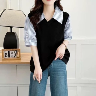 [เสื้อโอเวอร์ไซส์] (40-150กิโลกรัม) ฤดูร้อนสองชิ้นลายเสื้อโปโลคอปกขนาดบวกแขนสั้นชุดลําลองผู้หญิงเสื้อ