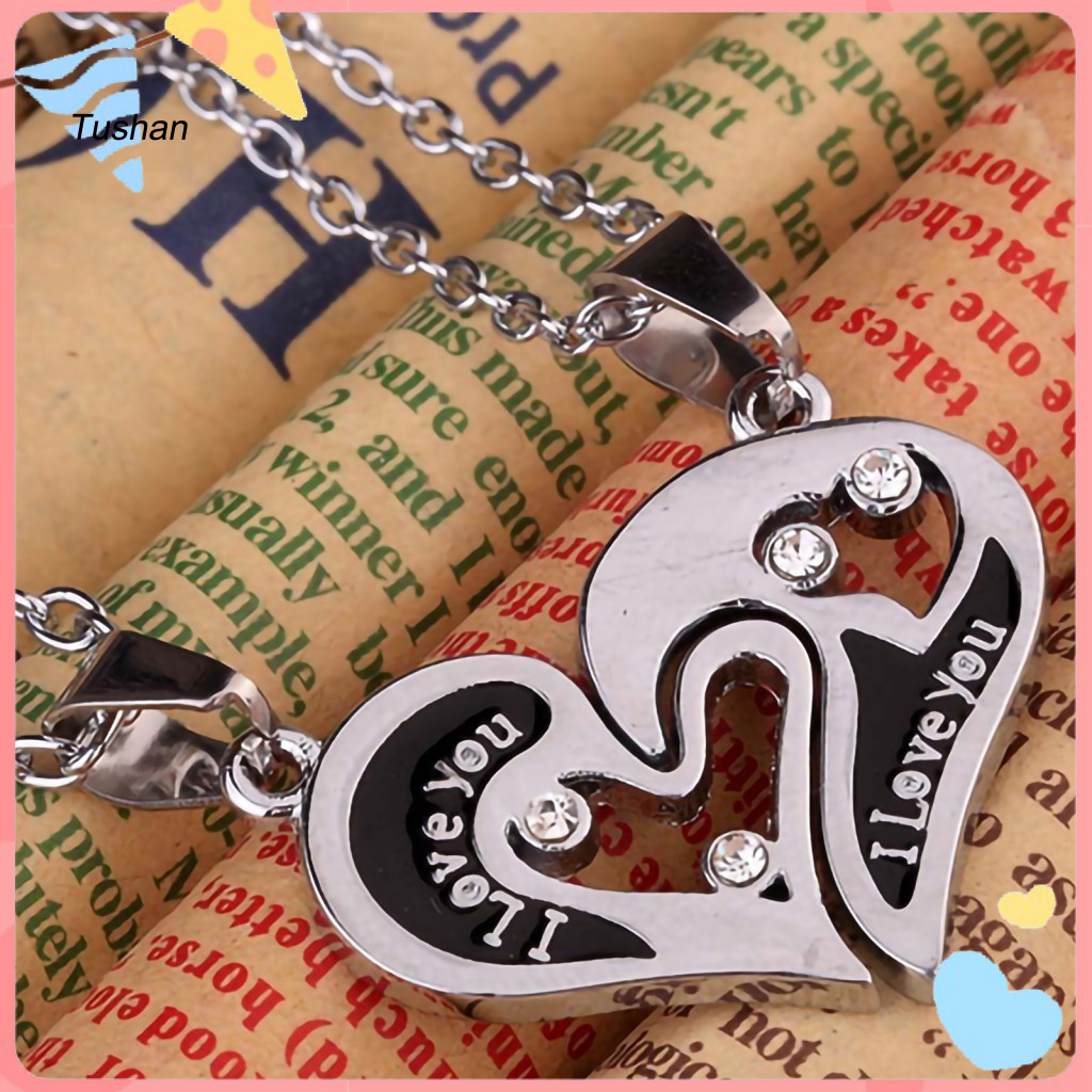 [Ts] สร้อยคอคู่รัก 1 คู่ I Love You Rhinestone ฝังสร้อยคอคนรักจี้รูปหัวใจสําหรับครบรอบ