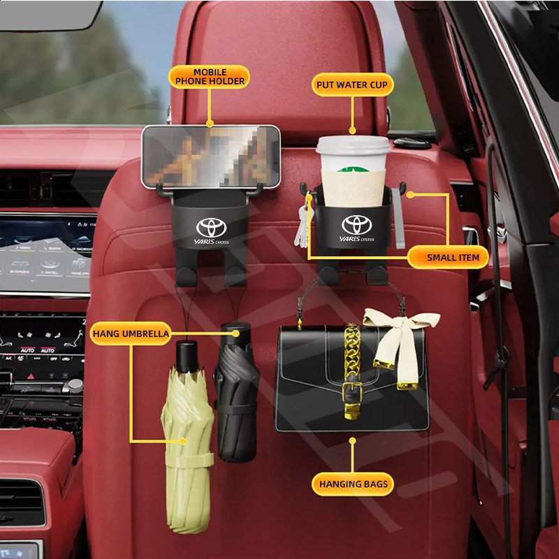 1/2pcs Toyota Yaris Cross Car Seat Headrest Hook Hanger Storage Organizer Universal พร้อมที่วางแก้วสําหรับกระเป๋าถือสําหรับ Yaris Cross AC200 2022 2023 2024 GS HEV อุปกรณ์ตกแต่งภายใน - รูปที่ 3