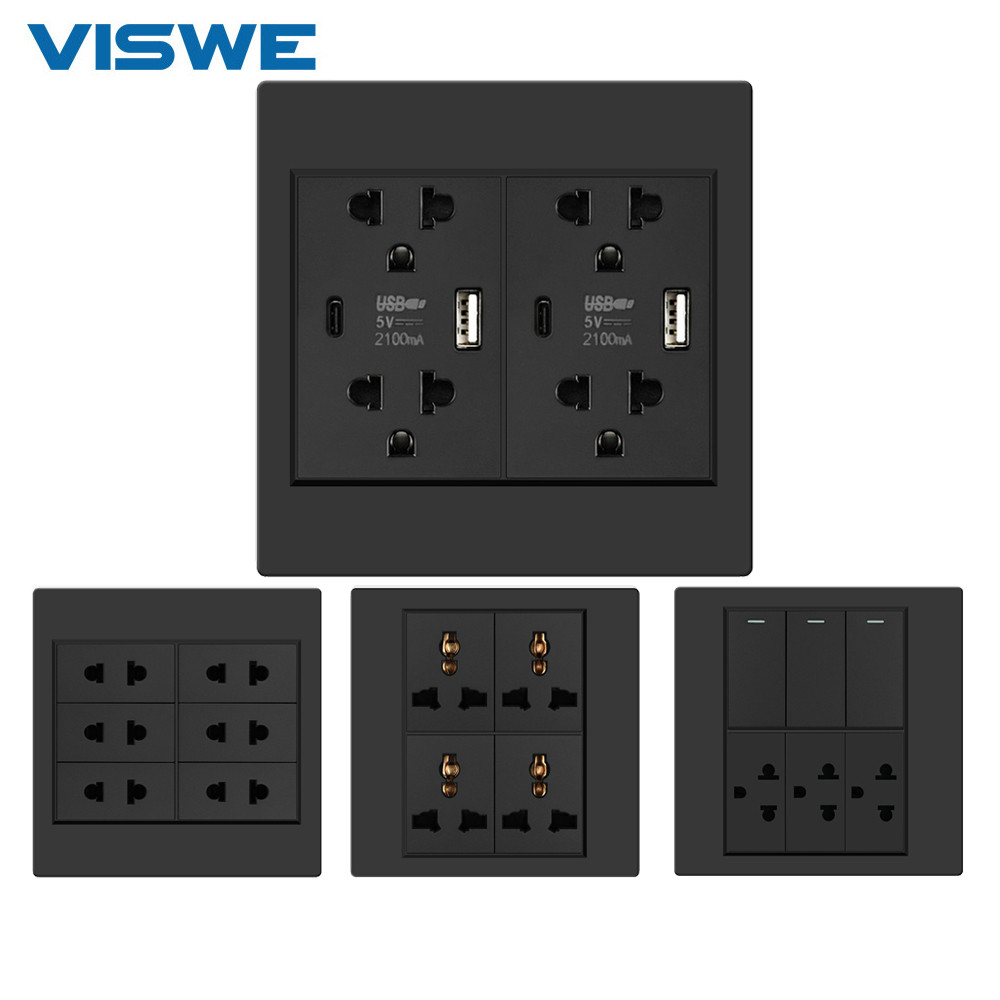 VISWE ซ็อกเก็ตสากลผนังและสวิตช์ไฟ ขนาด 120*120 มม. สีดำ วัสดุพลาสติก ซีรีย์ K1C