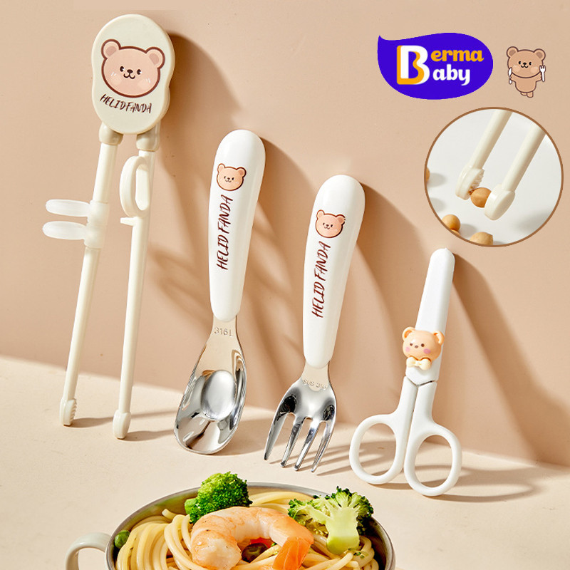 Berma Baby ชุดช้อนส้อมเด็ก ช้อนและส้อมสำหรับเด็ก ตะเกียบเด็ก​ แบบกล่องพกพา มีกล่องใส่