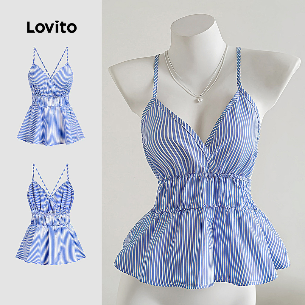 Lovito เสื้อกล้ามหลากสีชายระบายลายทางลำลองสำหรับผู้หญิง L134ED1028