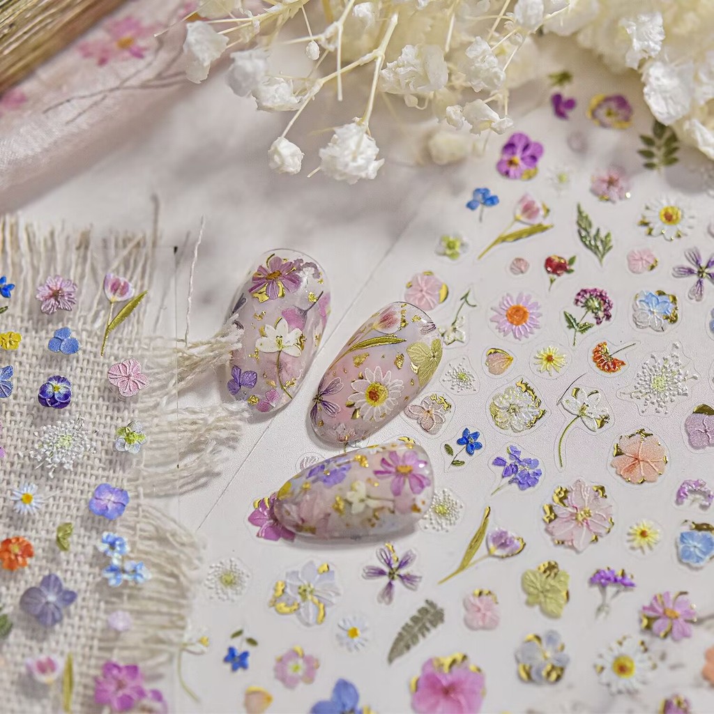 โทโมนิ แต่งเล็บนูนย้อนยุคฤดูใบไม้ผลิฤดูร้อนสไตล์ญี่ปุ่น อิน สไตล์นางฟ้าจําลองดอกไม้แห้งดอกไม้ดอกไม้ขนาดเล็กสติกเกอร์เล็บ