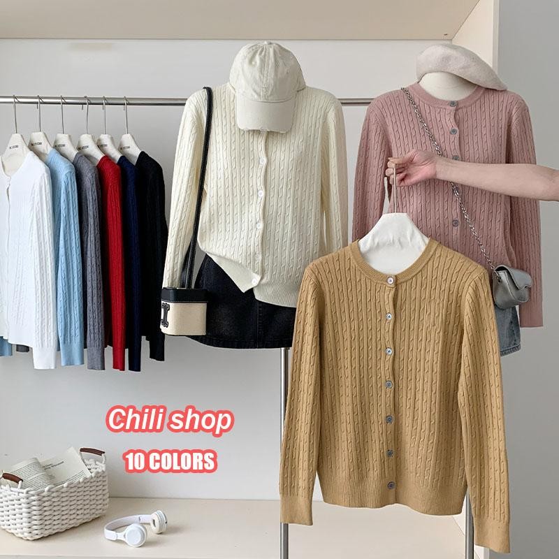 Chili-เสื้อไหมพรมคาร์ดิแกนถักแคชเมียร์นุ่มบิดแขนยาวสำหรับผู้หญิง คอกลม สเวตเตอร์แบบลำลองเข้ารูป เสื้อโค้ท-88011