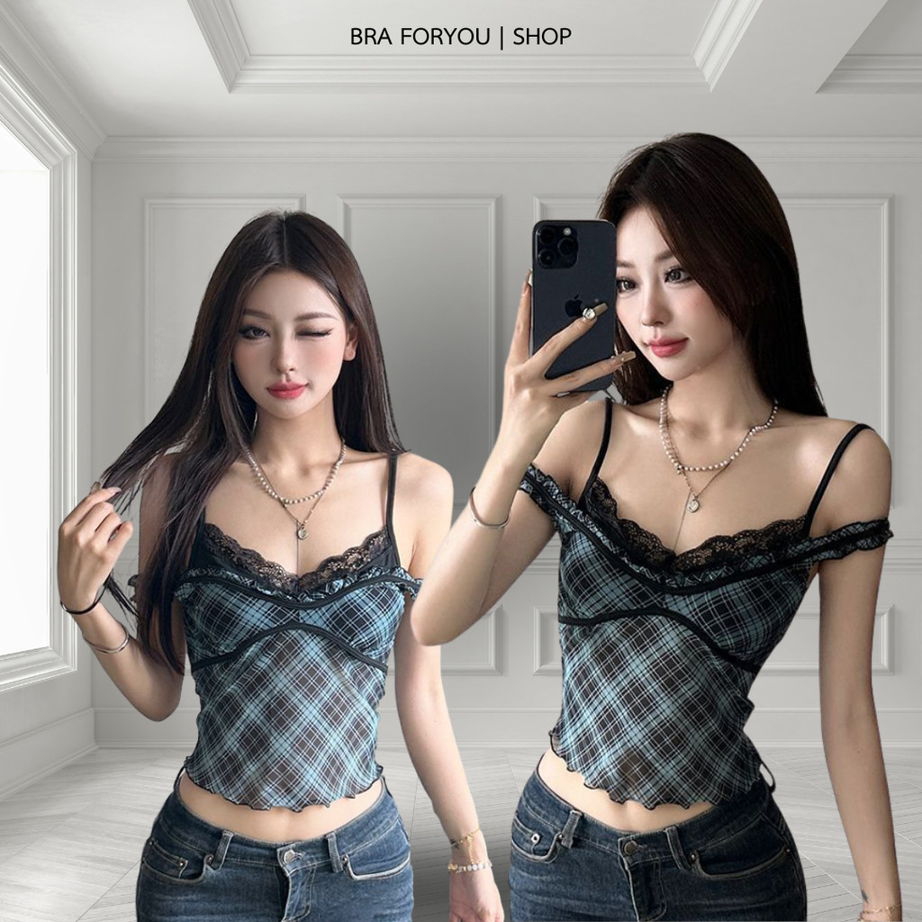 Bra Foryou 1825 Summer สายเดี่ยวสก็อต ขอบหยักลูกไม้ ซีทรู ตาข่าย เสื้อ2ชั้น สไตล์ใหม่มีซับในตัว ฟรีไ