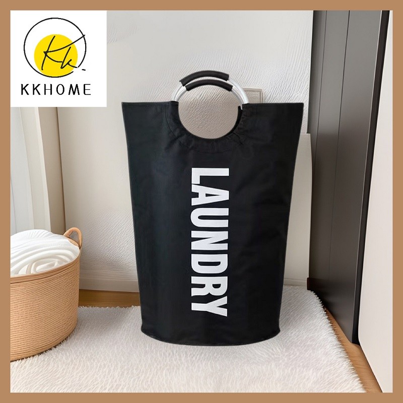 KKHOME ตระกร้าผ้าขนาดใหญ่พับเก็บได้ เหมาะสำหรับใส่ผ้ารอซัก วัสดุหนา ไม่ซึมน้ำ มีหูจับ สไตล์มินิมอล