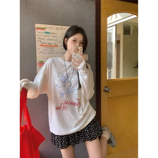 Cicishop(CM2082) เสื้อยืดแขนยาวพิมพ์ลายดอกไม้ตัวอักษรผ้ายืด ผ้าโปร่งบางๆสไตล์แฟชั่นเกาหลี