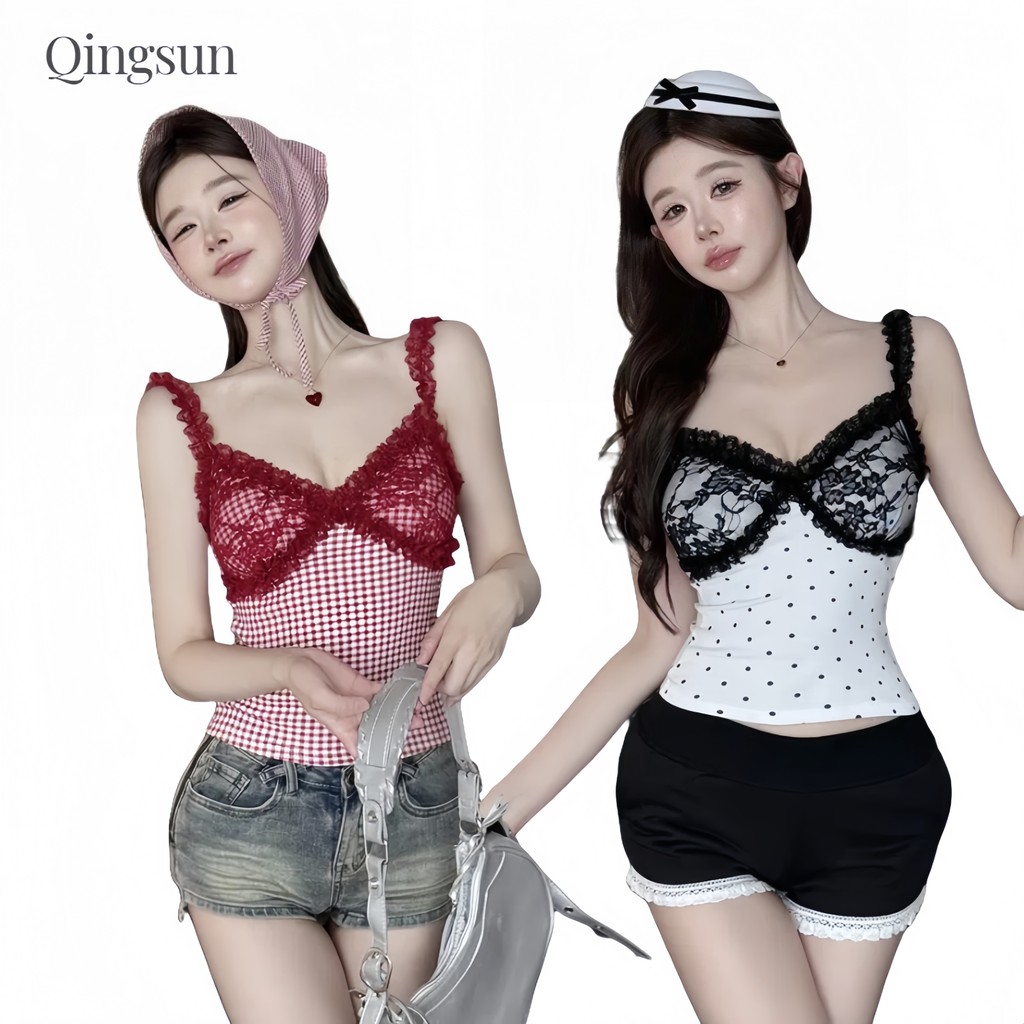 เสื้อยืดผู้หญิง เสื้อสายเดี่ยวบายสก็อต มินิมอลสไตล์ ดีเทลขอบลูกไม้ เสริมฟองน้ำในตัว 