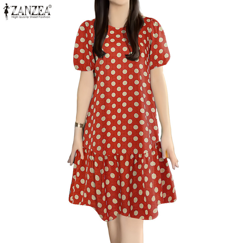 ZANZEA ชุดเดรสสไตล์เกาหลี คอกลมแขนพัฟ ลายจุด ขอบกระโปรงลูกไม้สีเข้ม