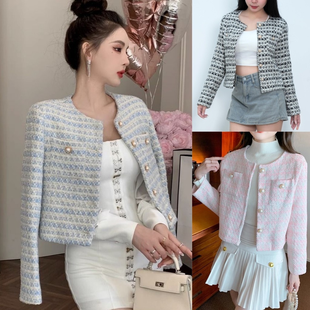 Chic พร้อมส่ง  เสื้อไหมพรมแขนยาว สไตล์น่ารักลูกคุณหนู ผ้าทวิต น่ารักสดใส