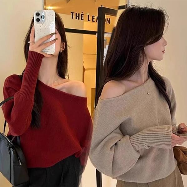 Red Berryเสื้อสเวตเตอร์ถักแขนโคมไฟไหล่เดียวสไตล์เกาหลีฤดูใบไม้ร่วงและฤดูหนาวหลวมไหล่เฉียงD607