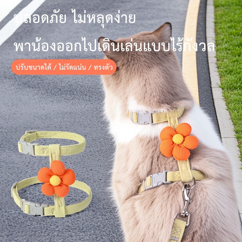 KTCAT สายจูงแมวแบบรัดตัว สายรัดอกพร้อมสายจูง ลายน่ารัก ดอกไม้แต่งสวย ปรับขนาดได้ ไม่รัดคอ