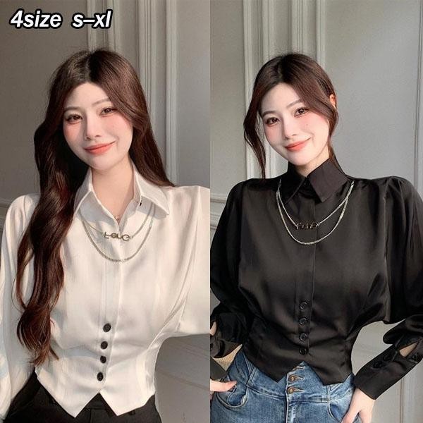 Chili#เสื้อเชิ้ตแขนค้างคาวเกาหลี สไตล์เก๋ เอว แขนยาว และปกเสื้อ สวมใส่สบายและดูสง่างาม เหมาะกับทุกโอกาส#99149