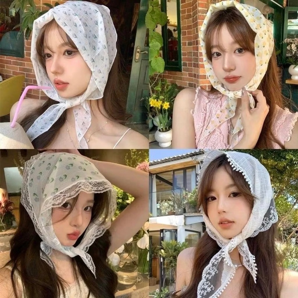 Fashion ผ้าโพกหัว ทรงสามเหลี่ยม ผ้าพันคอ พิมพ์ลายลูกไม้ ฤดูร้อน สําหรับผู้หญิง สไตล์เกาหลี โลลิต้า ส่งไวจากไทย COD