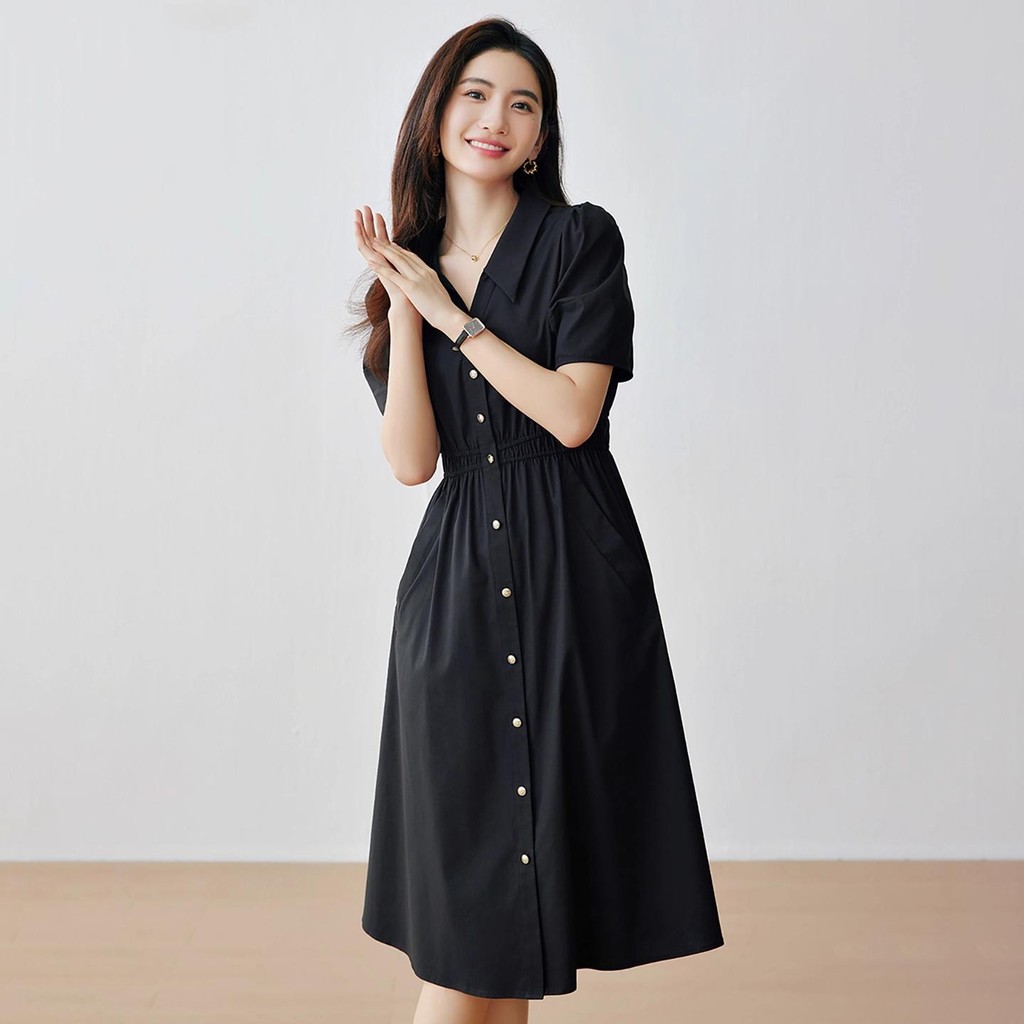 custard summer dress ออกงาน กระโปรงยาว เดรสทํางาน ผู้หญิง ใส่สบาย มีแขน เดรสวินเทจ สบายๆ แฟชั่น คอวี - รูปที่ 2