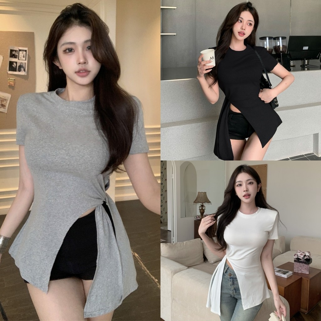 💖Mary💖เสื้อยืด ดีเทลผูกเอวสีพื้น สีพื้น คอกลม แขนสั้น ผ้านิ่ม เสื้อแฟชั่น สไตล์เกาหลี ใส่สบาย#FYP35