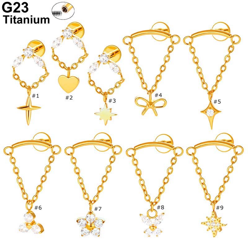 โซ่ห่วงหูไทเทเนียม Zirconia ขนาด 16 Gauge ลายหัวใจและผีเสื้อ ไร้สารระคายเคือง สำหรับเจาะหู Helix และ Pinna