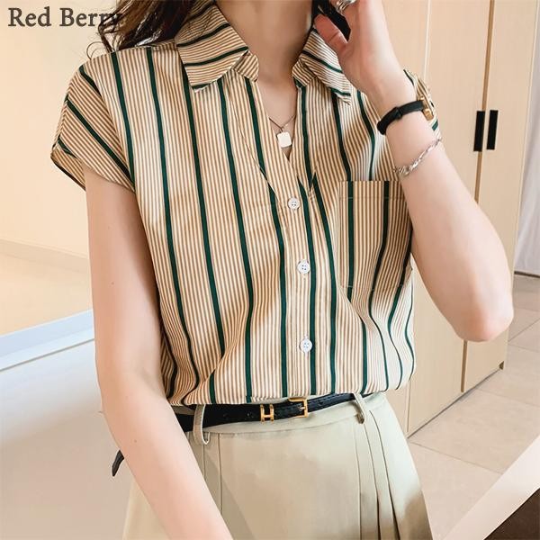 Red Berryเสื้อเชิ้ตคอปกแขนสั้นผ้าชีฟองลำลองฤดูร้อน เสื้อผ้าผู้หญิงใหม่W393