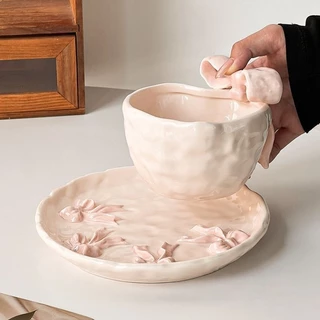 3D สามมิติ Bowknot นูนชามเซรามิค Niche ประณีตบนโต๊ะอาหารเบเกอรี่หวาน