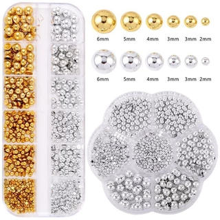 [maybeauty] 12Grids ผสมมุกครึ่งวงกลมทองและเงินเล็บ Charms ตกแต่งเล็บอุปกรณ์ร้านทําเล็บ {TH}