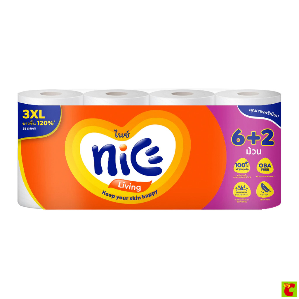 ไนซ์ เมก้า โรล กระดาษชำระม้วนใหญ่ แพ็ค 6+2 ม้วน