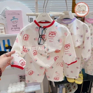 ชุดนอนเด็ก เสื้อแขนยาวกางเกงขายาว ชุดลำลองเด็ก กระดุมหน้า ผ้าบางเบา ใส่สบาย Size 80-120 cm