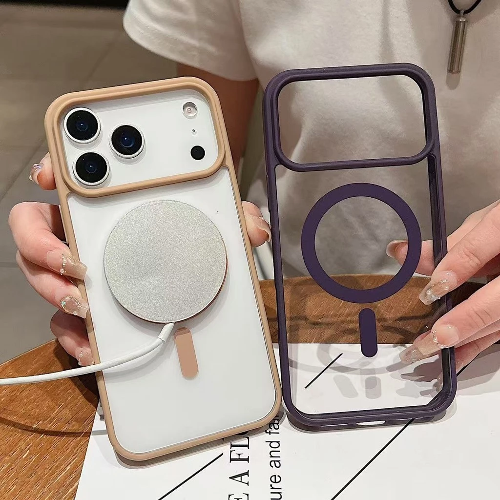 (For iPhone 17 Pro Max) เคสอะคริลิคชาร์จได้ ขอบสี สำหรับ ไอโฟน iPhone17 / iPhone17Pro / iPhone17Air / iPhone17Promax 045