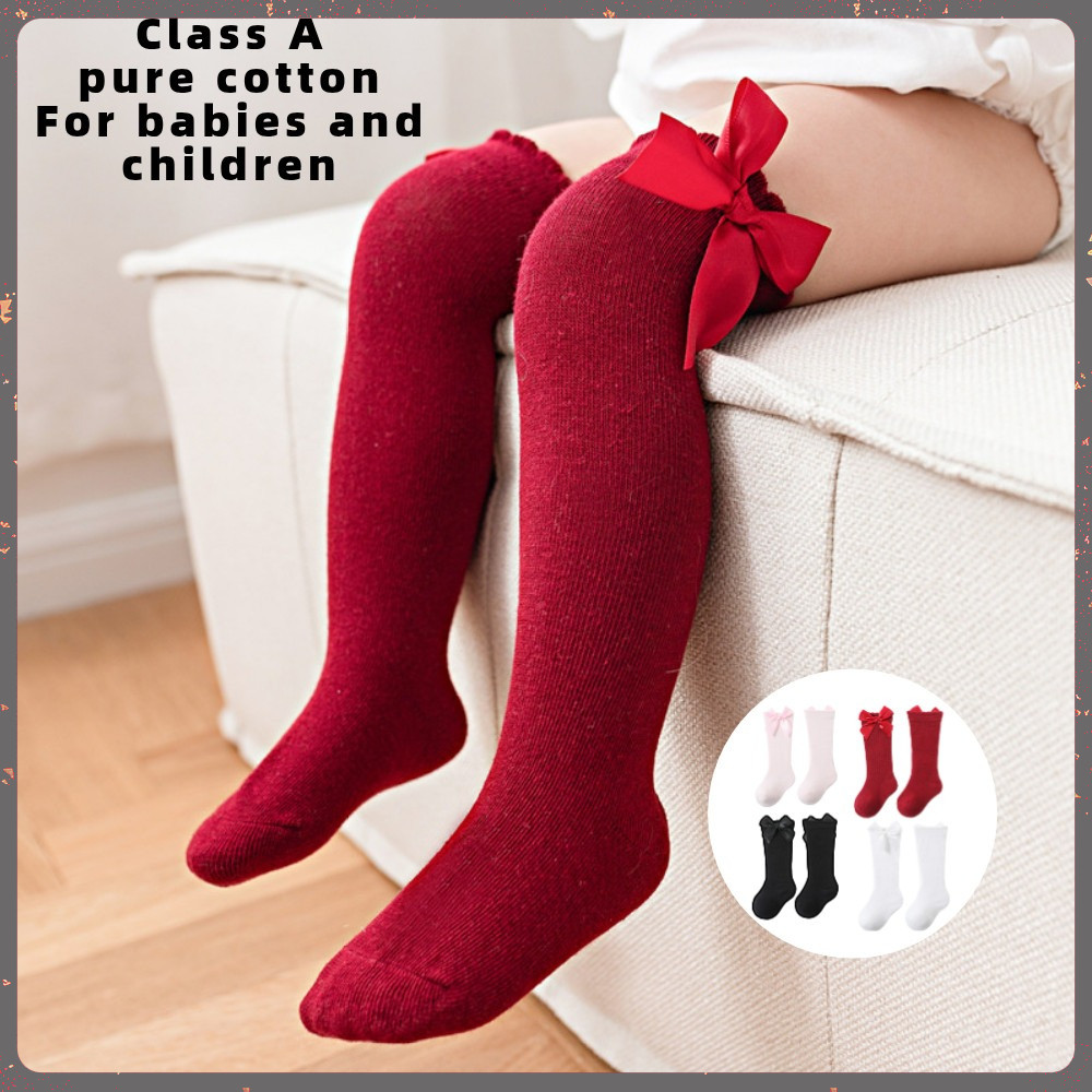 ถุงเท้าเด็ก ถุงเท้ายาว ผ้าฝ้ายถัก กันลื่น สีพื้น สําหรับเด็กวัยหัดเดิน