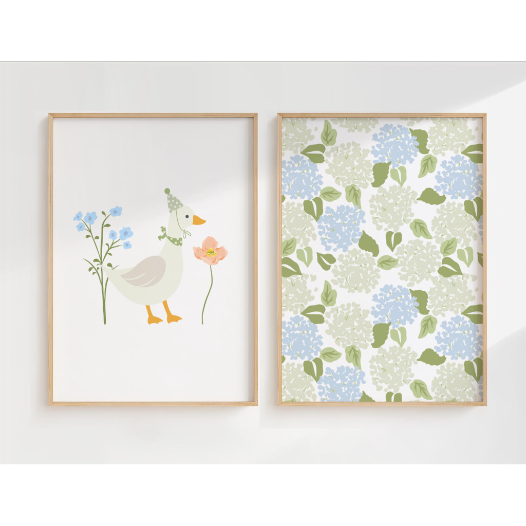 (พร้อมกรอบ) Goose Nursery Art Prints Hydrangea Wall Decor Baby Room Animal Nursery รูปภาพ