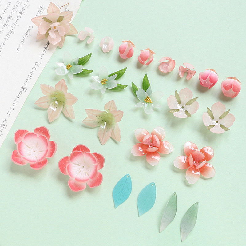 จําลอง Peach Blossom Narcissus เรซิ่นดอกไม้สีเขียว Leaf ฟิล์มหดความร้อน DIY เครื่องประดับทําด้วยมือต่างหู Hairpin อุปกรณ์เสริมวัสดุ