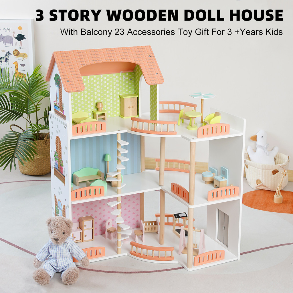 81cm บ้านตุ๊กตา Colorful Doll house with furniture ของเล่นไม้ ของขวัญเด็ก