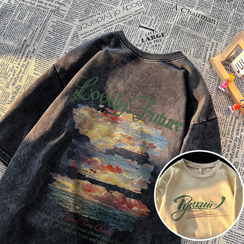 CC chao（ จัดส่งตลอด 24 ชั่วโมง ）S-3XL เสื้อยืดฟอก oversize ผ้าคอตตอน สไตล์ฮิปฮอป เรโทร เสื้อฟอก ย่อหน้าเดียวกัน Y30427