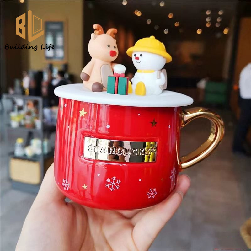 Starbucks Cup Christmas Party Mug ถ้วยกาแฟสีแดงเซรามิคเดสก์ท็อปถ้วยน้ํา 255ml