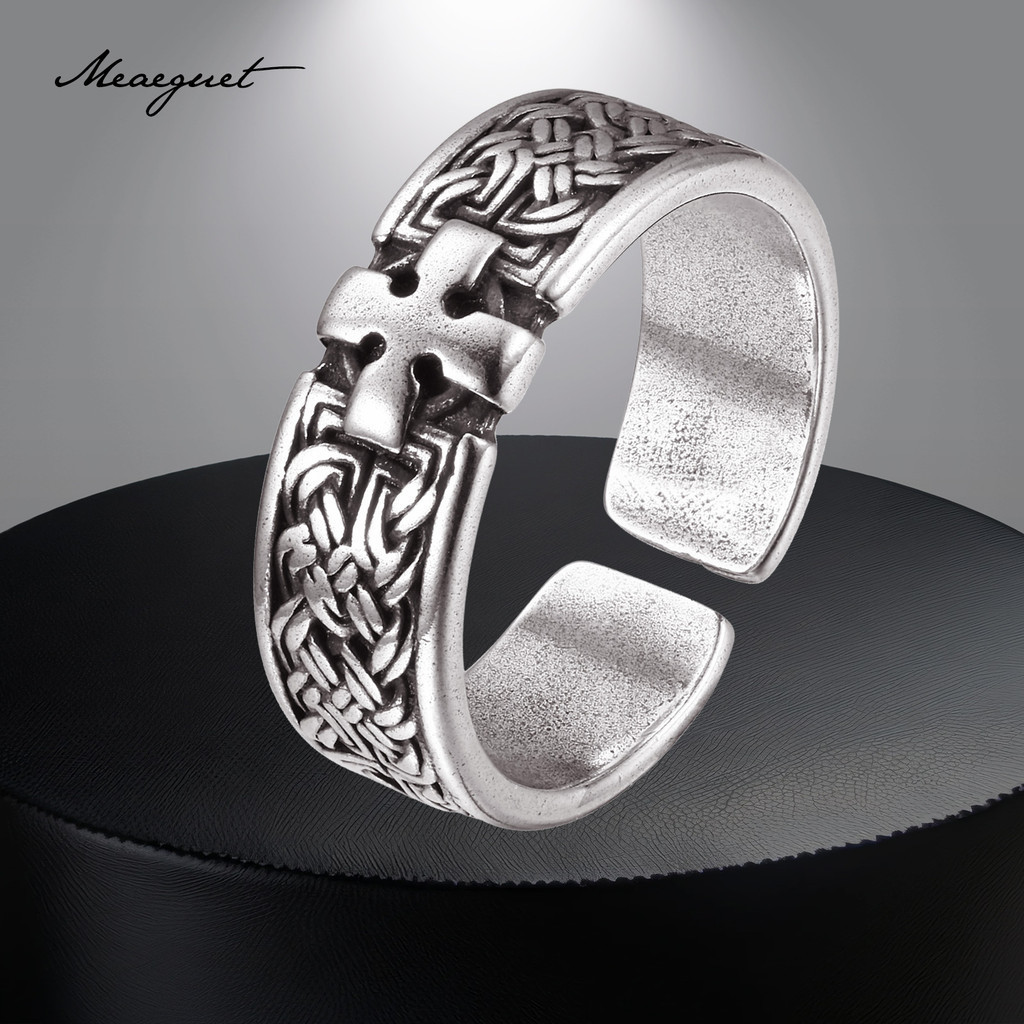 Meaeguet Vintage Punk Cross Ring for Men,Sttackable Band Ring Open Ring Adjustable for Boyfriend