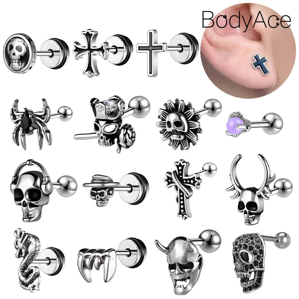 Bodyace สแตนเลสสตีลเจาะหู Silver Stud ต่างหู Spider Shape Body Piercing Punk สไตล์หูสตั๊ดเครื่องประดับ