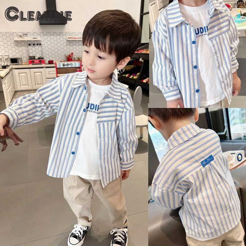 Clemine Boys เสื้อเชิ้ตแขนยาวลายทางขนาดกลางและขนาดเล็กผ้าฝ้ายเด็กเวอร์ชั่นเกาหลีสไตล์ต่างประเทศด้านบน