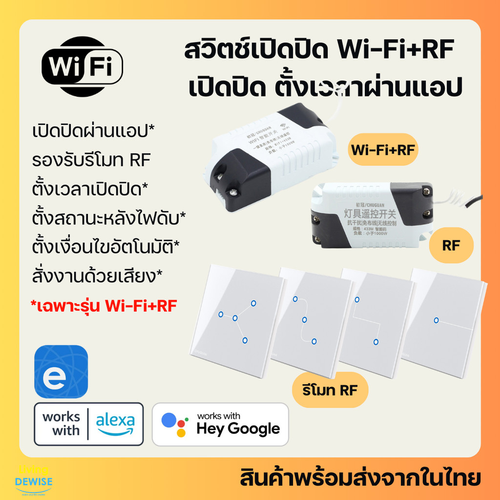 Ewelink Chuguan Wifi+RF Switch สวิตช์เปิดปิดหลอดไฟหรือโหลดผ่านสัญญาณ Wifi หรือรีโมท RF