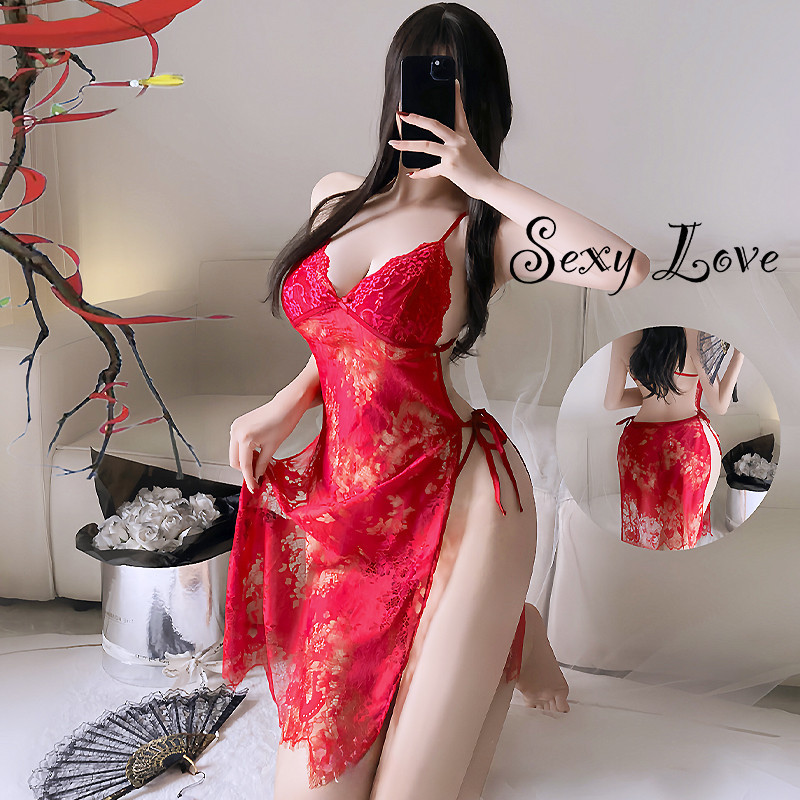 Sexy Love ชุดนอนผู้หญิง เดรสลูกไม้เซ็กซี่ ชุดนอนเซ็กซี่สีแดง บางและสวมใส่สบาย H1019