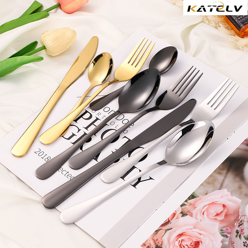 Katelv ช้อนและส้อมสแตนเลสเกรดอาหารมีดอาหารค่ําช้อนชา Flatware อาหารเย็นตะวันตกสามารถแกะสลักชื่อและโลโก้