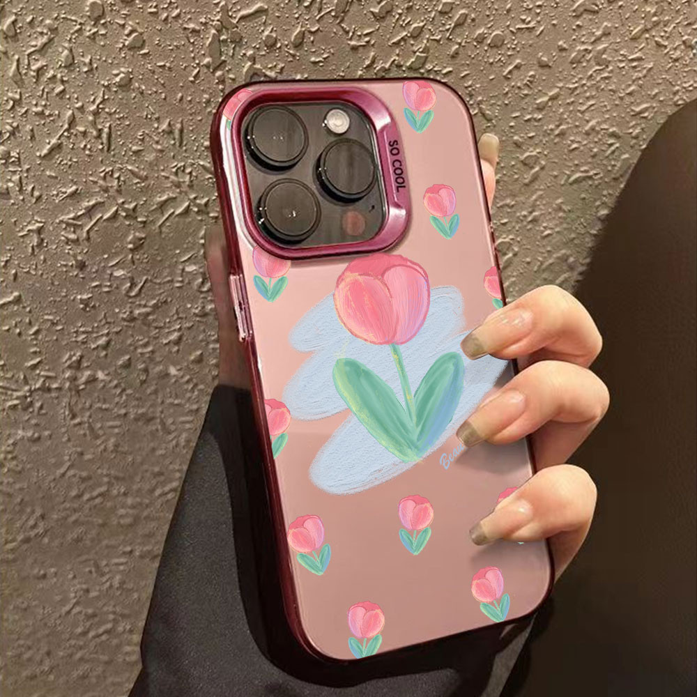 สําหรับiphone 7 8 Plus 12 11 Pro Max XR X XS Max SE 2020 2022 2023 SE2 SE3 หรูหราเงินIMDเคสโทรศัพท์iPhone12 iPhone11 แฟชั่นดอกทิวลิปดอกไม้ปก