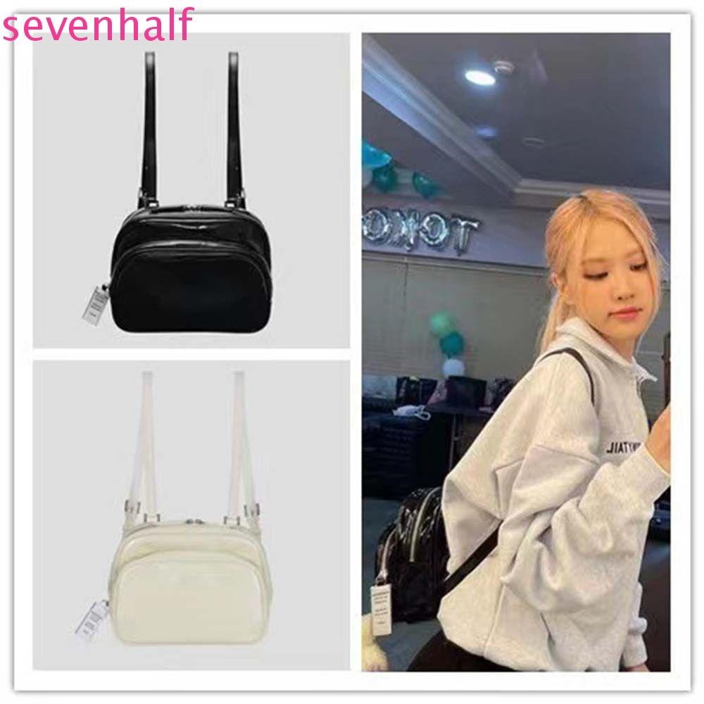 Sevenhalf กระเป๋าสะพายสีทึบ, กระเป๋าเป้ PU PU PU สดใส, กระเป๋าถือสไตล์เกาหลีที่สร้างสรรค์แพ็คเล็กกระเป๋าเป้สะพายหลังย้อนยุคกลางแจ้ง