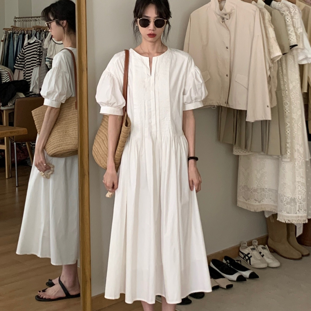 【สินค้าพร้อม】 2023 ใหม่สไตล์พัฟแขนกระโปรงนางฟ้าชุดสีขาวหญิงฤดูร้อน