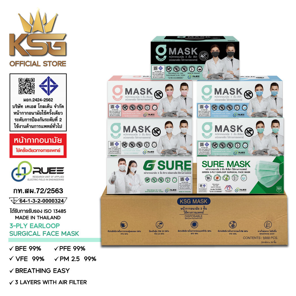 หน้ากากอนามัย G LUCKY MASK  G SURE MASK หนา 3 ชั้น  (ยกลังบรรจุ 20 กล่อง)