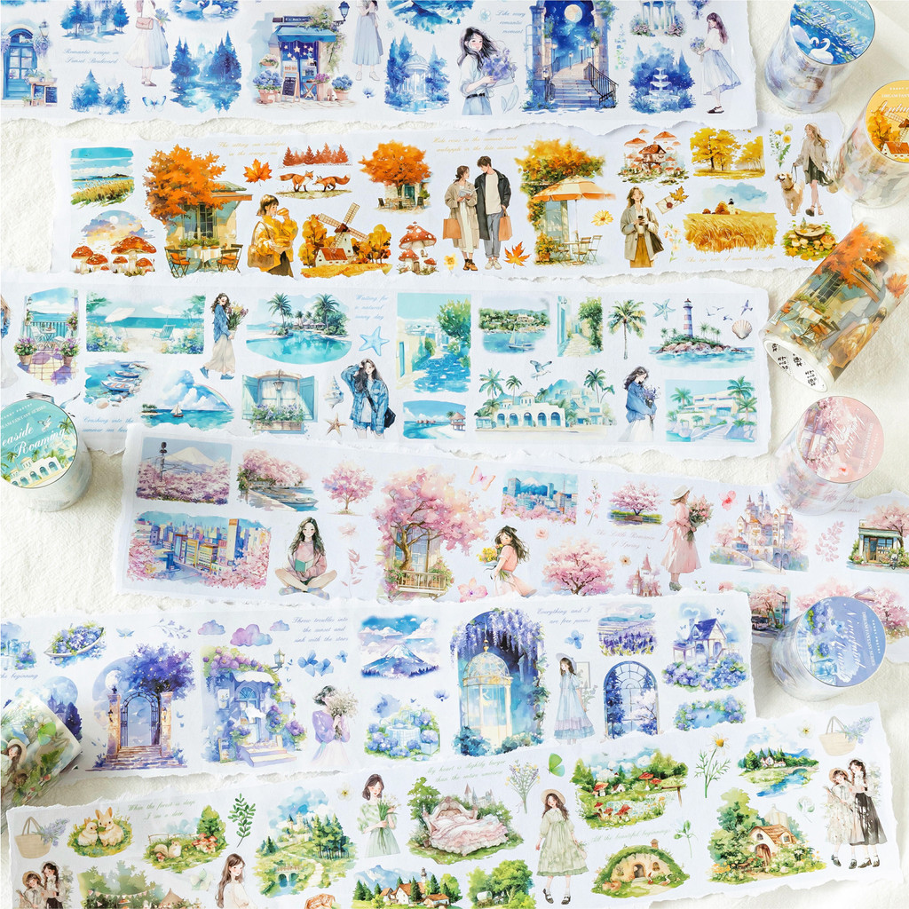 Mr.paper 200 ซม./โรล เทปกันน้ำ สีน้ำสีน้ำฤดู 4 ฤดู ผู้หญิงตัวอักษรรูปแบบเทป ถ้วยกาแฟ ที่สร้างสรรค์กับวัสดุต่าง ๆ การ์ดอวยพร เทปตก แต่ง