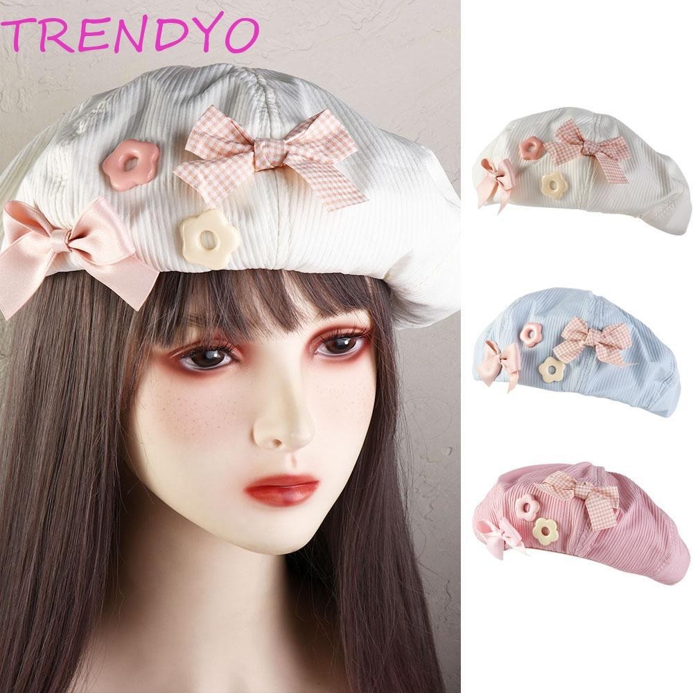 Trendyo Bow Flower Beret, สีทึบ Y2k หมวกแปดเหลี่ยม, ผ้าฝ้ายน่ารักญี่ปุ่น Harajuku จิตรกรหมวกสาว