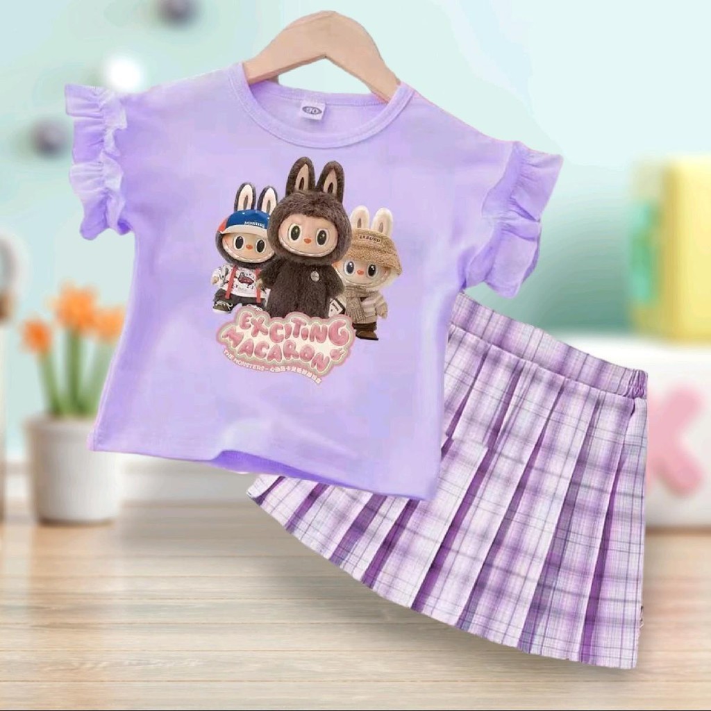 ชุดเซ็ทเด็ก2ชิ้น เสื้อแขนระบาย+กระโปรงลายสก๊อตอัดพลีท