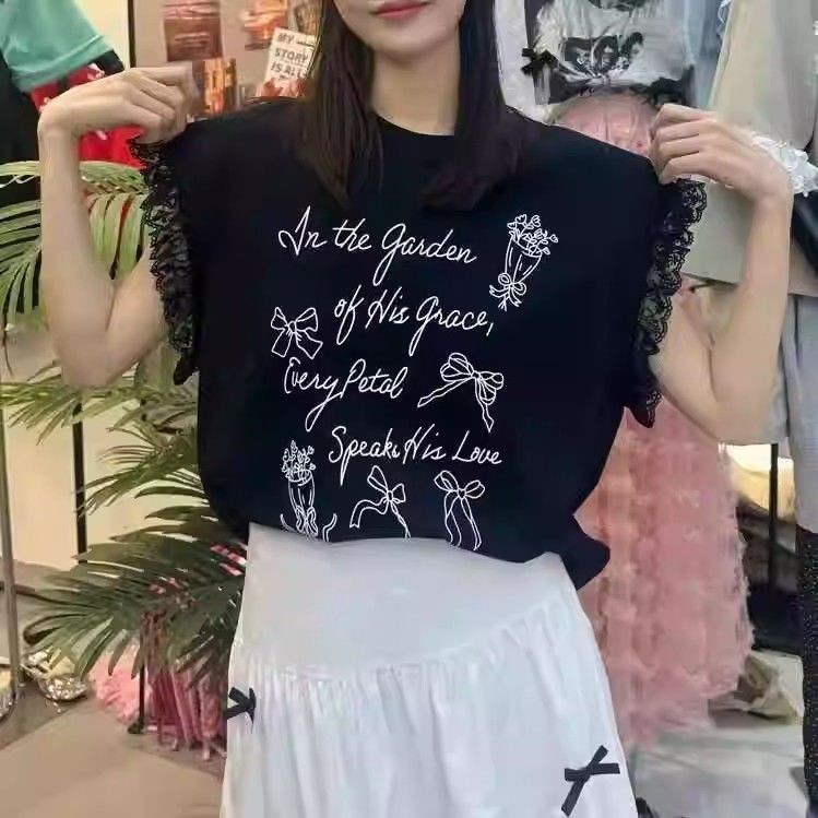 ผู้หญิงลูกไม้พิมพ์แขนสั้นเสื้อยืดลําลองด้านบน