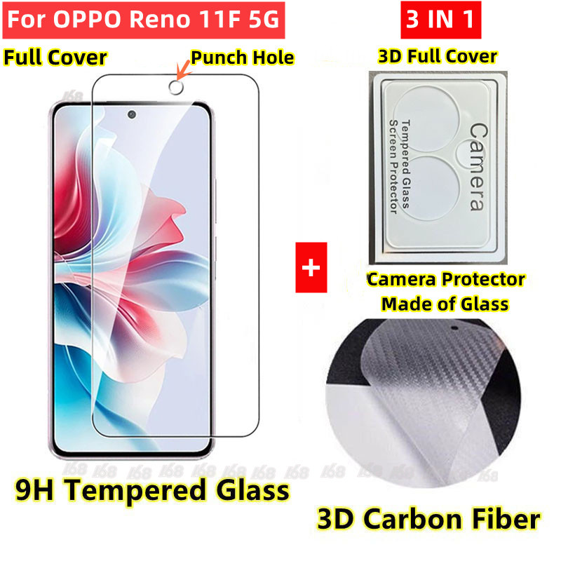 Oppo Reno 11F กระจกนิรภัย ป้องกันเต็มหน้าจอ กระจกกันรอยเลนส์กล้อง เคลือบด้าน ความเป็นส่วนตัว กระจก 3 In 1 ฟิล์มหลัง คาร์บอนไฟเบอร์