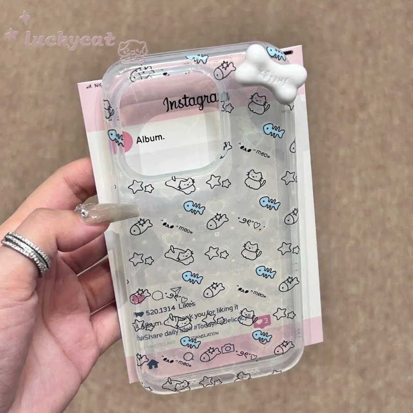 Iphone 15 14 13 12 11 Pro Max X Xr Xs Max 7 8 Plus SE2020 เคสโทรศัพท์Insสดน่ารัก 3D DIYการ์ตูนปลาแมวBling Clear Soft Cover